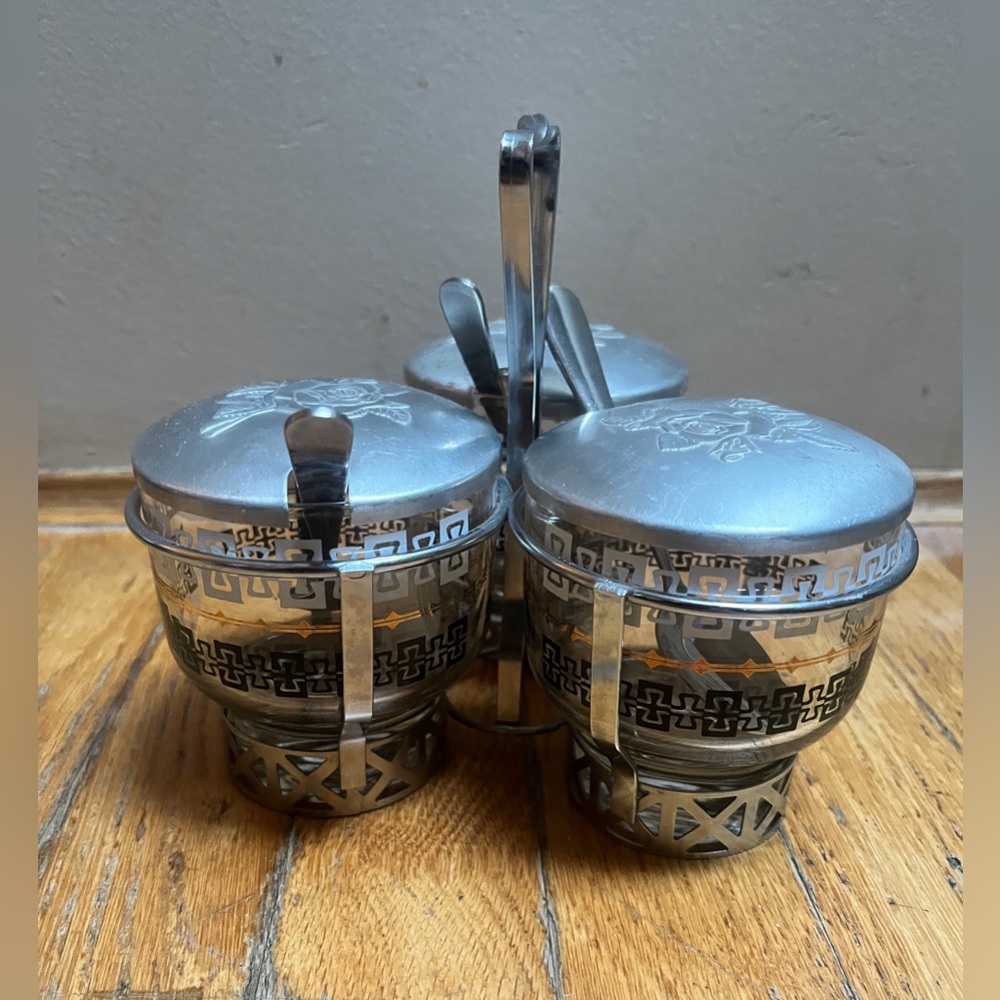 Libbey Glass Condiment Jar Trio Metal Lids & Metal Stand spoons Vintage MCM